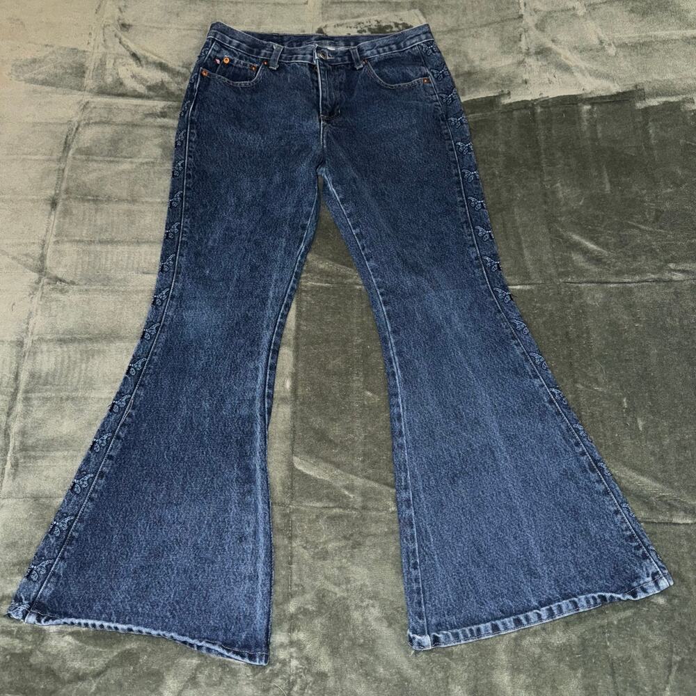 VTG Y2K Trust Me Jeans Butterfly Embroidery Sides Dark Denim Junior's Size 11 - Picture 2 of 10